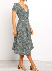 V Neck Waist Tie Leaf Printed Midi Dress