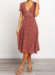 V Neck Waist Tie Leaf Printed Midi Dress