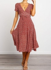 V Neck Waist Tie Leaf Printed Midi Dress