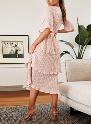 Blush Floral Pleated Ruffle Midi Dress