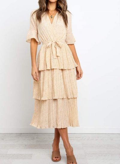 Blush Floral Pleated Ruffle Midi Dress YOUYOUFASHIONEC.com