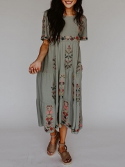 Summer Embroidered Crew Neck Dress