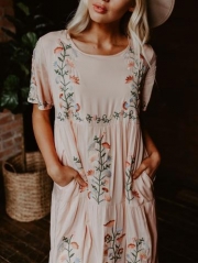 Summer Embroidered Crew Neck Dress