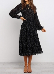 Polka Dot Print Ruffled Midi Dress In Black