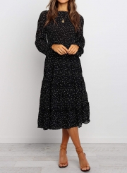 Polka Dot Print Ruffled Midi Dress In Black