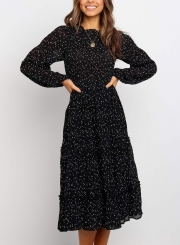 Polka Dot Print Ruffled Midi Dress In Black