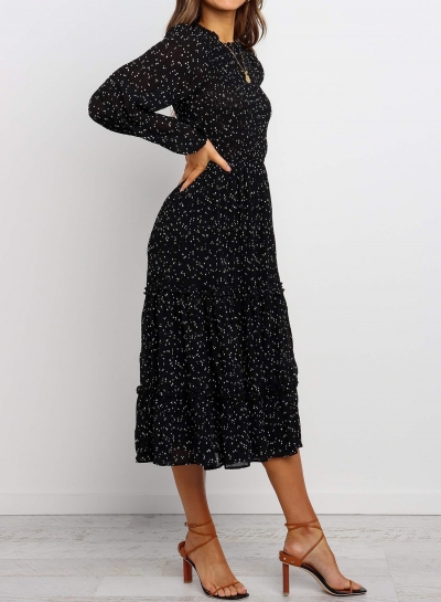 Polka Dot Print Ruffled Midi Dress In Black stylesimo.com