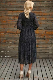 Polka Dot Print Ruffled Midi Dress In Black