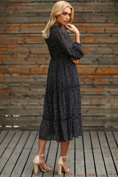 Polka Dot Print Ruffled Midi Dress In Black stylesimo.com