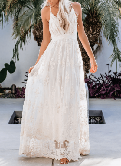 V Neck Open Back Lace Maxi Dress