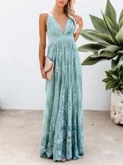 V Neck Open Back Lace Maxi Dress