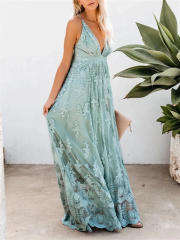 V Neck Open Back Lace Maxi Dress