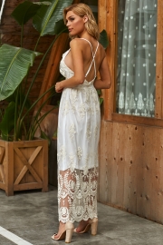 V Neck Open Back Lace Maxi Dress