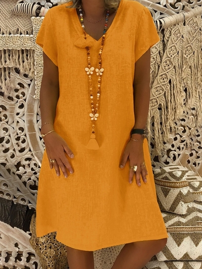 Casual Cotton-Blend V-Neck Short Sleeve Dresses STYLESIMO.com