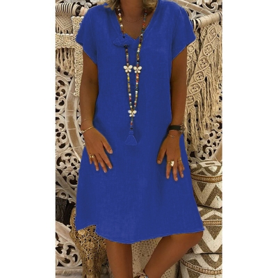 Casual Cotton-Blend V-Neck Short Sleeve Dresses LEXELFASHIONINTSHOPS.com