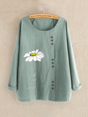 Casual Print Daisy Button Long Sleeve Shirt