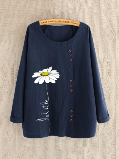 Casual Print Daisy Button Long Sleeve Shirt YOUYOUFASHIONEC.com