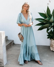 FLOOR-LENGTH HALF SLEEVE V-NECK FASHION SUMMER DRESS