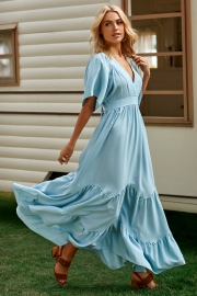 FLOOR-LENGTH HALF SLEEVE V-NECK FASHION SUMMER DRESS