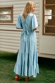 FLOOR-LENGTH HALF SLEEVE V-NECK FASHION SUMMER DRESS