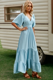 FLOOR-LENGTH HALF SLEEVE V-NECK FASHION SUMMER DRESS