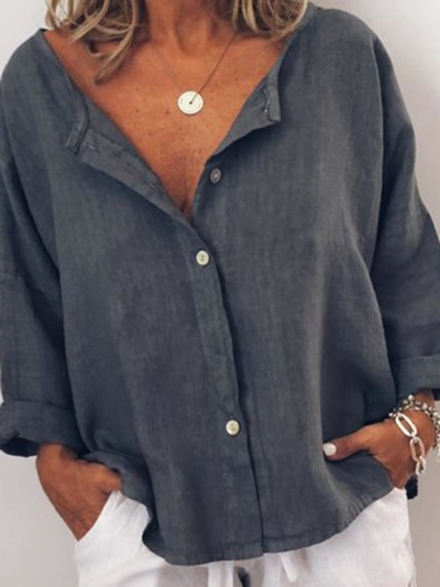 Casual Solid V Neck  Long Sleeve Buttoned Blouse YOUYOUFASHIONEC.com