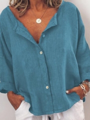 Casual Solid V Neck  Long Sleeve Buttoned Blouse