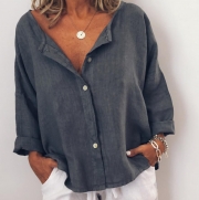 Casual Solid V Neck  Long Sleeve Buttoned Blouse