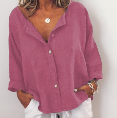 Casual Solid V Neck  Long Sleeve Buttoned Blouse YOUYOUFASHIONEC.com