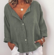 Casual Solid V Neck  Long Sleeve Buttoned Blouse