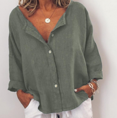 Casual Solid V Neck  Long Sleeve Buttoned Blouse STYLESIMO.com