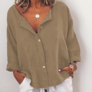 Casual Solid V Neck  Long Sleeve Buttoned Blouse