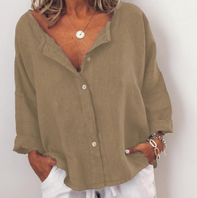 Casual Solid V Neck  Long Sleeve Buttoned Blouse YOUYOUFASHIONEC.com