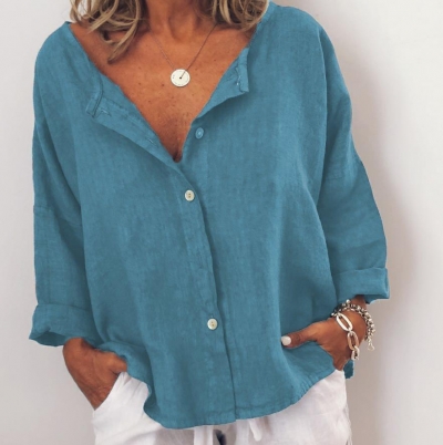 Casual Solid V Neck  Long Sleeve Buttoned Blouse STYLESIMO.com