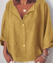 Casual Solid V Neck  Long Sleeve Buttoned Blouse