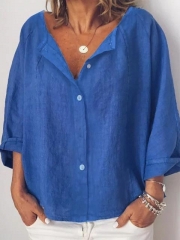 Casual Solid V Neck  Long Sleeve Buttoned Blouse