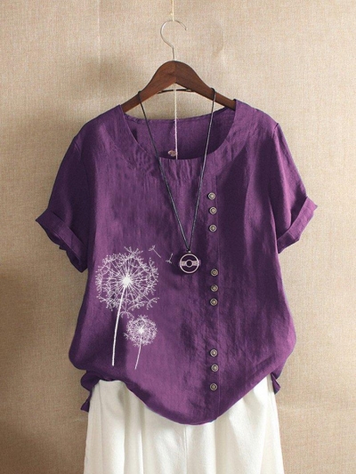 Vintage Print Flower Short Sleeve Button T-Shirt LZDINTECOMMERCE.com