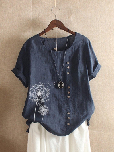 Vintage Print Flower Short Sleeve Button T-Shirt YOUYOUFASHIONEC.com