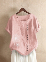 Vintage Print Flower Short Sleeve Button T-Shirt