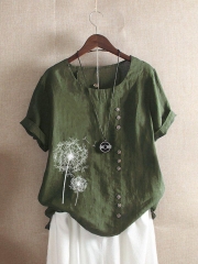 Vintage Print Flower Short Sleeve Button T-Shirt