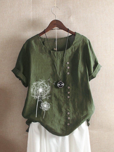 Vintage Print Flower Short Sleeve Button T-Shirt LZDINTECOMMERCE.com