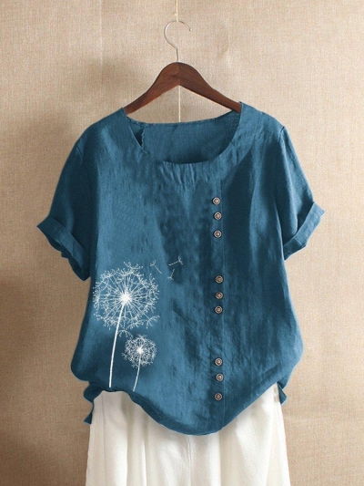 Vintage Print Flower Short Sleeve Button T-Shirt YOUYOUFASHIONEC.com