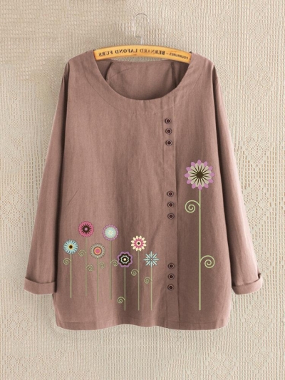 Casual Print Floral Crew Neck Long Sleeve Shirt YOUYOUFASHIONEC.com