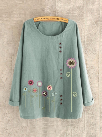 Casual Print Floral Crew Neck Long Sleeve Shirt YOUYOUFASHIONEC.com