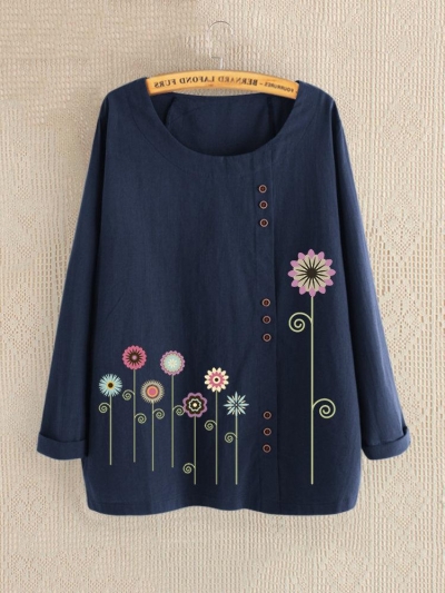 Casual Print Floral Crew Neck Long Sleeve Shirt YOUYOUFASHIONEC.com