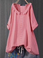 Lapel Stripe Short Sleeve Casual Blouse