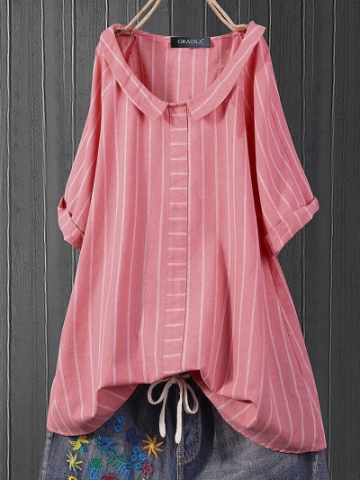 Lapel Stripe Short Sleeve Casual Blouse YOUYOUFASHIONEC.com