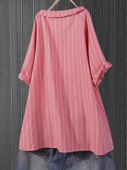 Lapel Stripe Short Sleeve Casual Blouse