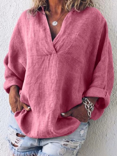 Plus Size Casual V Neck Long Sleeve Tops YOUYOUFASHIONEC.com