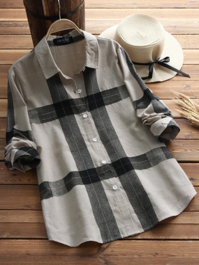 Vintage Plaid Long Sleeve Turn-down Collar Shirts YOUYOUFASHIONEC.com